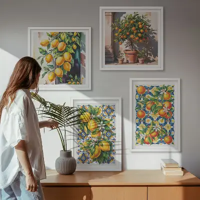 Composição de quadros com frutas cítricas abstratas e coloridas