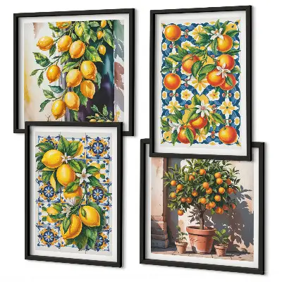 Composição de quadros com frutas cítricas abstratas e coloridas