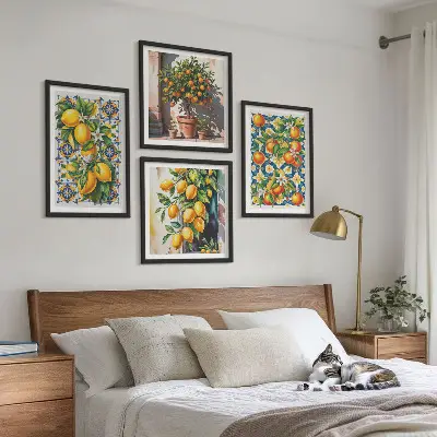 Composição de quadros com frutas cítricas abstratas e coloridas