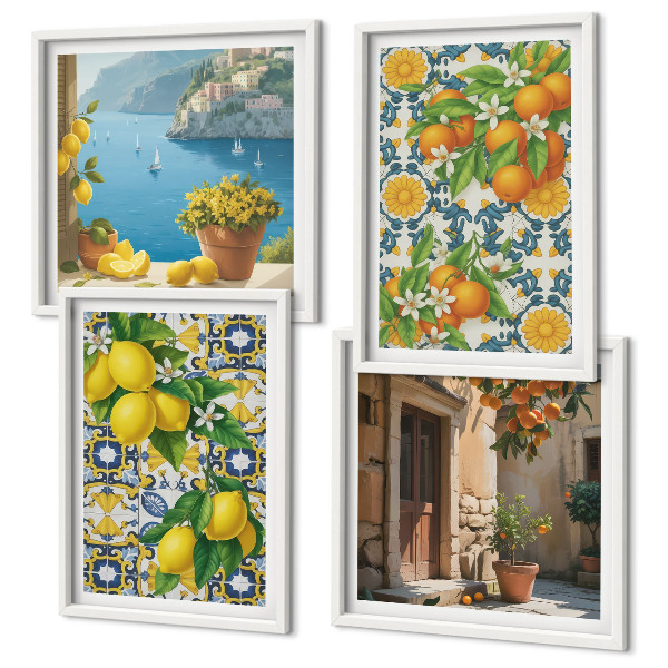 Conjunto de 4 quadros com moldura Limões, flores, laranjas, Itália