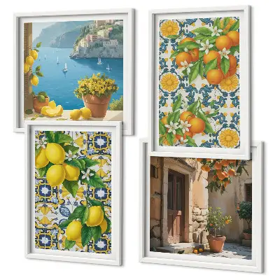 Conjunto de 4 quadros com moldura com estampa de limões, flores e laranjas da Itália