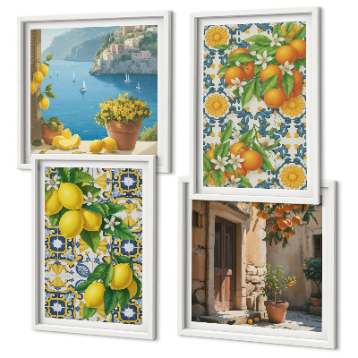 Conjunto de 4 quadros com moldura Limões, flores, laranjas, Itália