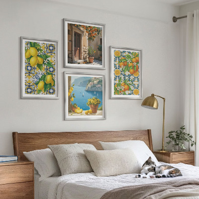 Conjunto de 4 quadros com moldura Limões, flores, laranjas, Itália