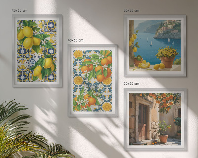 Conjunto de 4 quadros com moldura Limões, flores, laranjas, Itália
