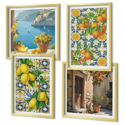 Conjunto de 4 quadros com moldura com estampa de limões, flores e laranjas da Itália