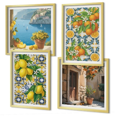 Conjunto de 4 quadros com moldura Limões, flores, laranjas, Itália
