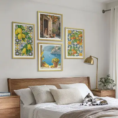 Conjunto de 4 quadros com moldura com estampa de limões, flores e laranjas da Itália