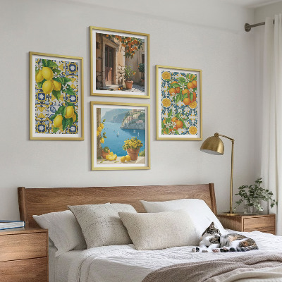 Conjunto de 4 quadros com moldura Limões, flores, laranjas, Itália