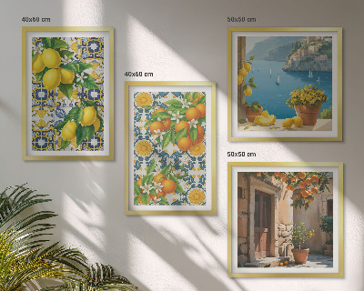 Conjunto de 4 quadros com moldura Limões, flores, laranjas, Itália