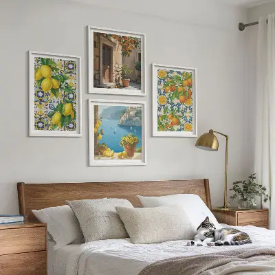 Conjunto de 4 quadros com moldura com estampa de limões, flores e laranjas da Itália