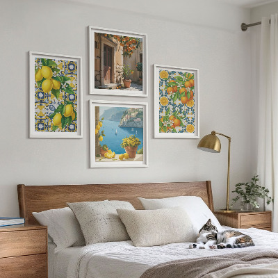 Conjunto de 4 quadros com moldura Limões, flores, laranjas, Itália