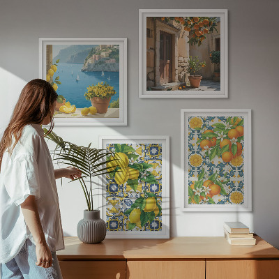 Conjunto de 4 quadros com moldura Limões, flores, laranjas, Itália