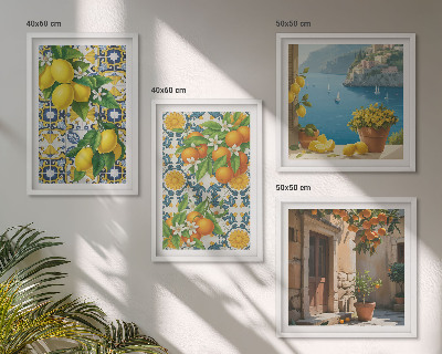 Conjunto de 4 quadros com moldura Limões, flores, laranjas, Itália