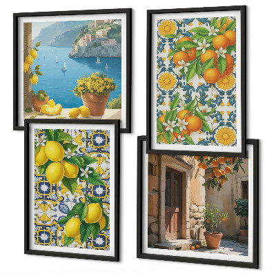Conjunto de 4 quadros com moldura Limões, flores, laranjas, Itália