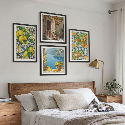 Conjunto de 4 quadros com moldura Limões, flores, laranjas, Itália