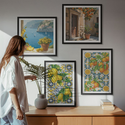 Conjunto de 4 quadros com moldura Limões, flores, laranjas, Itália