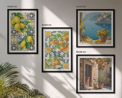 Conjunto de 4 quadros com moldura Limões, flores, laranjas, Itália