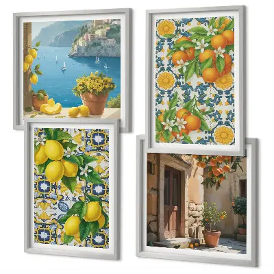 Conjunto de 4 quadros com moldura com estampa de limões, flores e laranjas da Itália