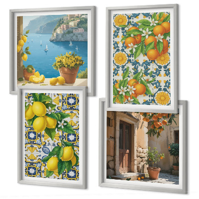 Conjunto de 4 quadros com moldura Limões, flores, laranjas, Itália