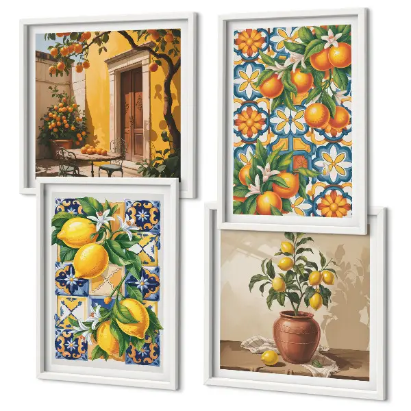 Políptico com moldura estampa de flores, laranja e limão