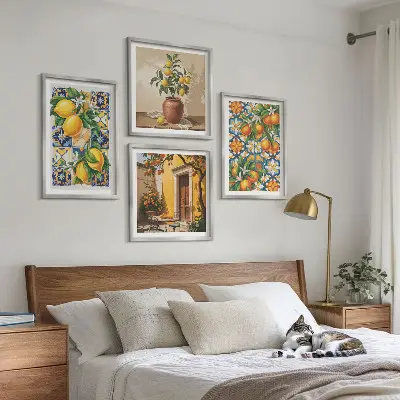 Políptico com moldura estampa de flores, laranja e limão