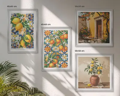 Políptico com moldura estampa de flores, laranja e limão