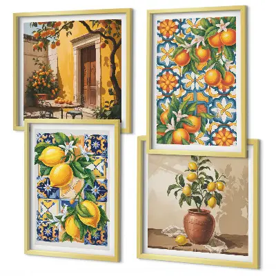 Políptico com moldura estampa de flores, laranja e limão
