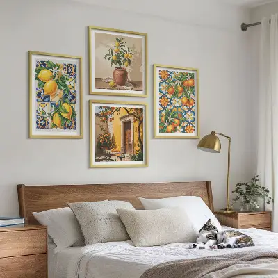 Políptico com moldura estampa de flores, laranja e limão