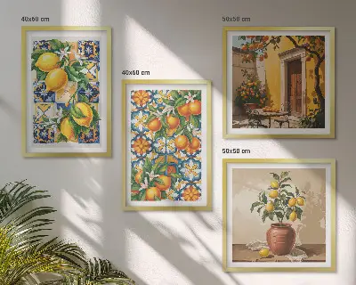 Políptico com moldura estampa de flores, laranja e limão