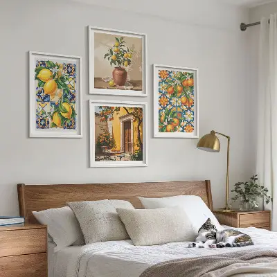 Políptico com moldura estampa de flores, laranja e limão