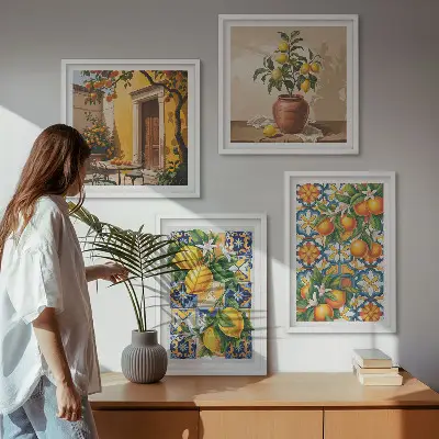 Políptico com moldura estampa de flores, laranja e limão