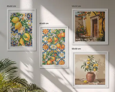 Políptico com moldura estampa de flores, laranja e limão