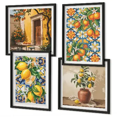 Políptico com moldura estampa de flores, laranja e limão