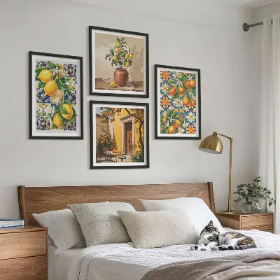 Políptico com moldura estampa de flores, laranja e limão