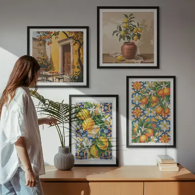 Políptico com moldura estampa de flores, laranja e limão