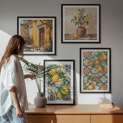 Políptico com moldura padrões de flores de laranja limão