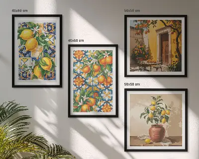 Políptico com moldura estampa de flores, laranja e limão