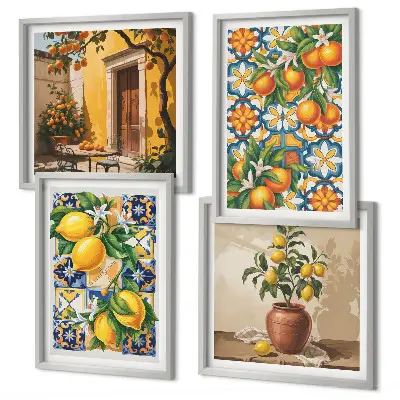 Políptico com moldura estampa de flores, laranja e limão