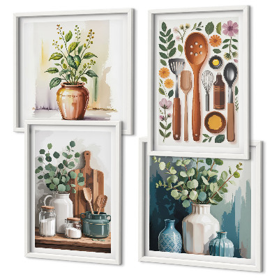 Conjunto de 4 quadros com moldura Acessórios de cozinha à base de plantas