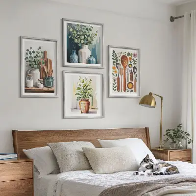 Conjunto de 4 quadros com moldura com temática de acessórios de cozinha à base de plantas