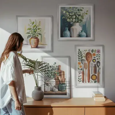 Conjunto de 4 quadros com moldura com temática de acessórios de cozinha à base de plantas
