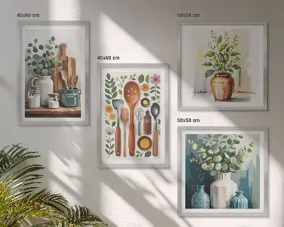 Conjunto de 4 quadros com moldura com temática de acessórios de cozinha à base de plantas