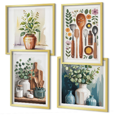 Conjunto de 4 quadros com moldura Acessórios de cozinha à base de plantas