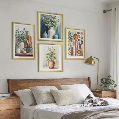 Conjunto de 4 quadros com moldura com temática de acessórios de cozinha à base de plantas
