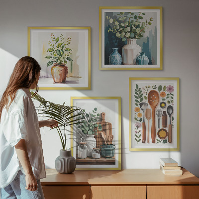 Conjunto de 4 quadros com moldura Acessórios de cozinha à base de plantas