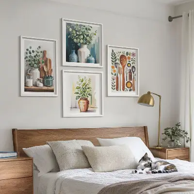 Conjunto de 4 quadros com moldura com temática de acessórios de cozinha à base de plantas