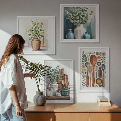 Conjunto de 4 quadros com moldura Acessórios de cozinha à base de plantas