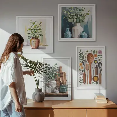 Conjunto de 4 quadros com moldura com temática de acessórios de cozinha à base de plantas