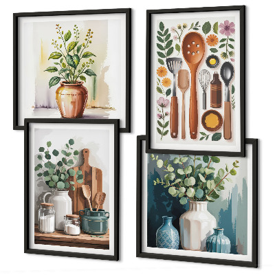 Conjunto de 4 quadros com moldura Acessórios de cozinha à base de plantas