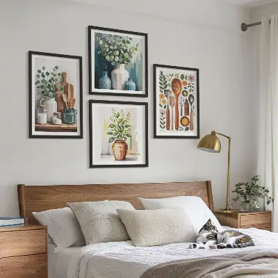 Conjunto de 4 quadros com moldura com temática de acessórios de cozinha à base de plantas